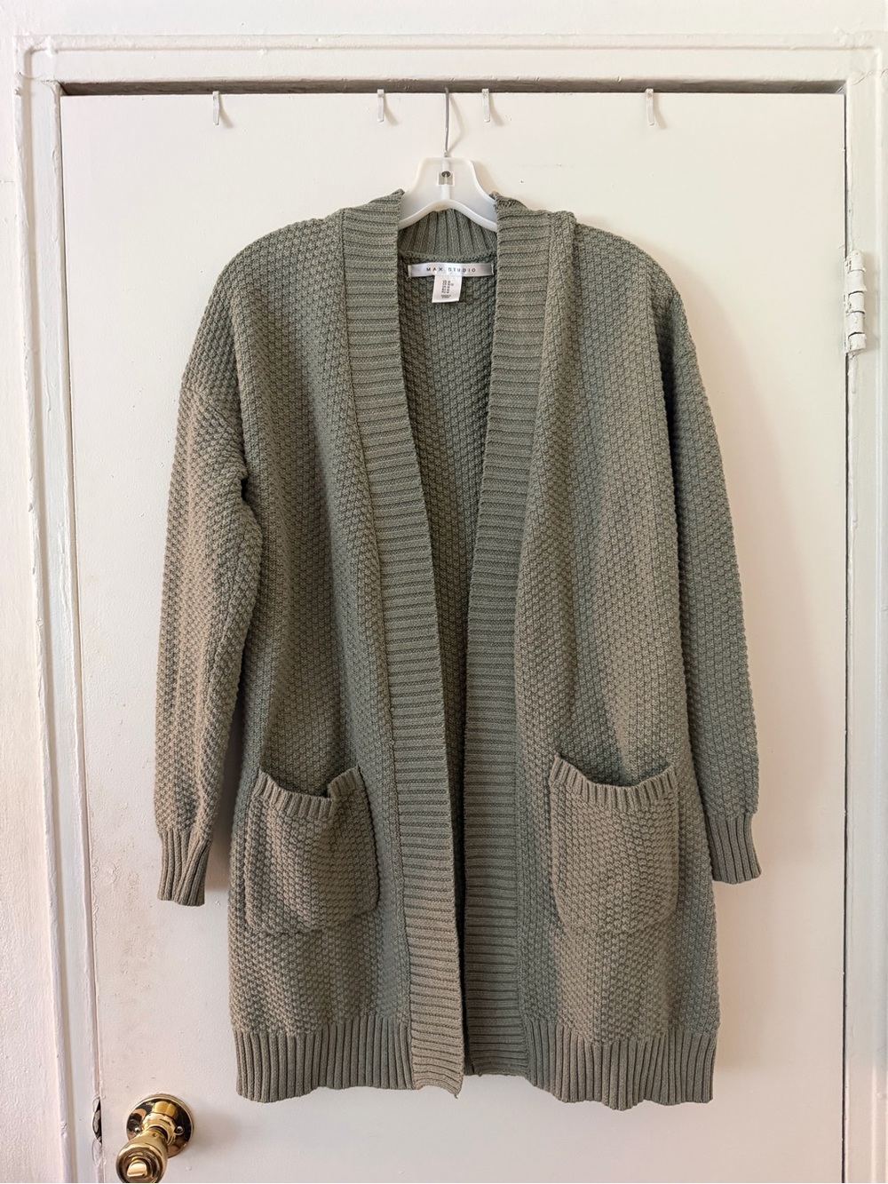 Max Studio Sage Green Open Front Long Cardigan Pockets Medium